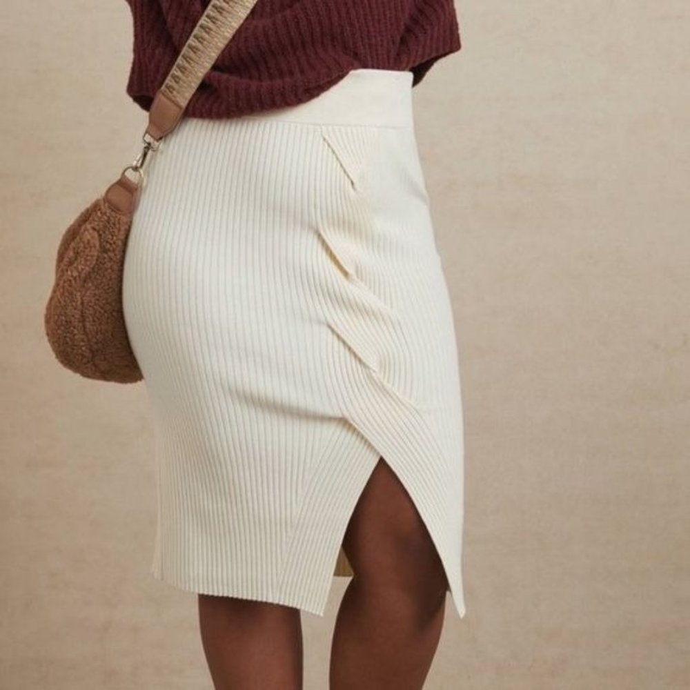 ANTHROPOLOGIE MAEVE DESIREE HIGH RISE WAIST RIBBED CABLE KNIT SLIT MIDI SKIRT L